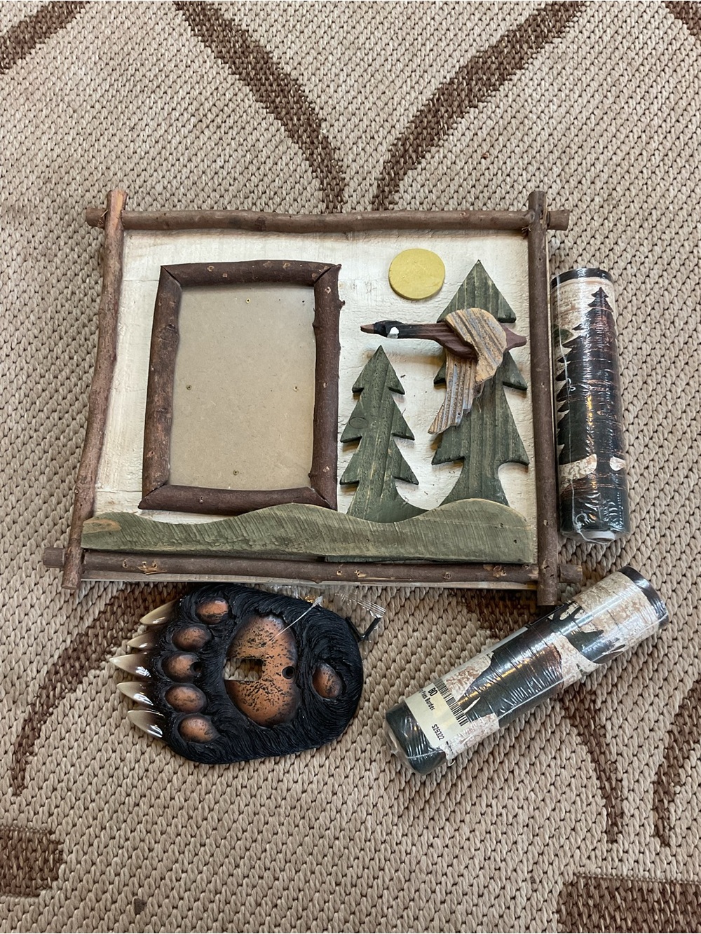 Rustic Woodland picture frame, bear paw switch cover, decorative edge.